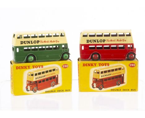 Dinky Toys 290 Double Deck Buses, two examples, first, 3rd type, red lower deck, cream upper deck, 'Dunlop' advertising, red 