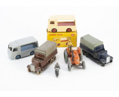 Dinky Toys 490 Electric Dairy Van, cream body, red chassis, hubs and logo, in original box, similar loose example in grey/blu