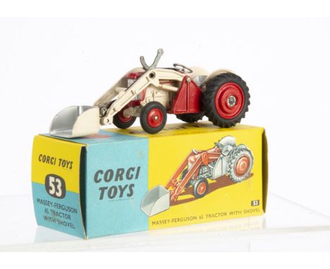 A Corgi Toys 53 Massey-Ferguson 65 Tractor With Shovel, red/beige body, white/black decals, silver seat, steering wheel and s