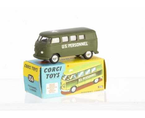 A Corgi Toys 356 VW Personnel Carrier, military green body, red interior, driver, 'US Personnel' decals, spun hubs, in origin