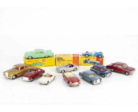 Dinky Toy Cars, 148 Ford Fairlane, non metallic green body, 240 Cooper Racing Car, 113 MGB Sports Car, in original boxes, wit