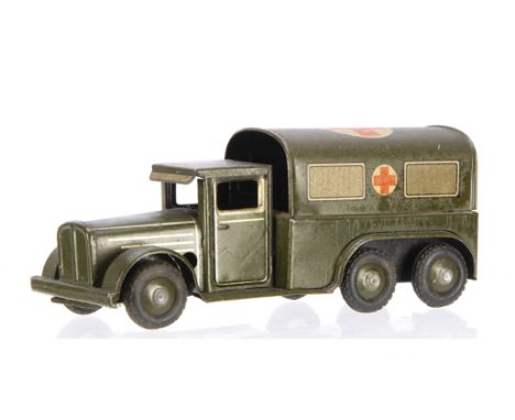 A Goso Tinplate Clockwork Six-Wheel Army Ambulance, military green body, red crosses to tilt, 'Germany U.S Zone' marked to bo