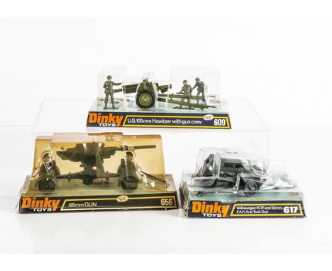 Bubble Packed Military Dinky Toys, 609 U.S 105mm Howitzer with gun crew, 656 88mm Gun, 617 Volkswagen KDF and 50mm P.A.K Anti