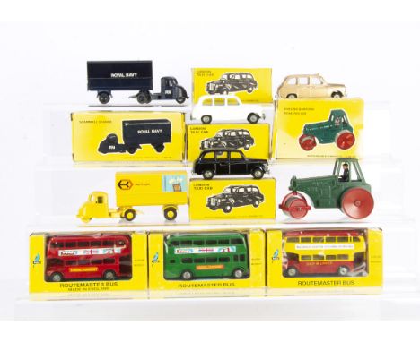 Budgie Toys, including 702 Scammell Scarab 'Royal Navy', 701 Aveling Barford Road Roller, 101 London Taxi Cab (3), white, gol