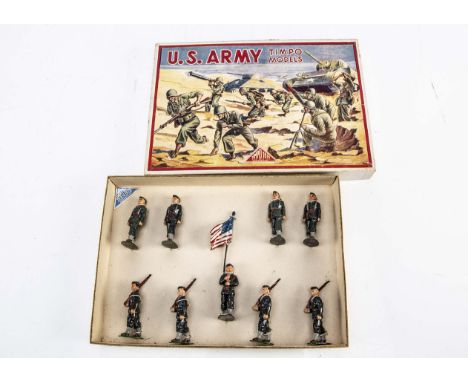 Timpo Toys US Army series boxed set No. 930, comprising marching soldiers in slouch caps, still strung into box, contents VG 