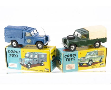 Corgi Toys Land Rovers, 416S RAC Radio Rescue Land Rover, blue body, lemon interior, plastic canopy, grey aerial, spun hubs, 