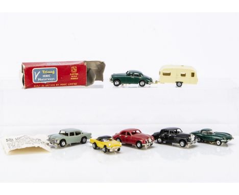 Tri-ang Minic Motorway early Cars with gimble pick ups,  unboxed, yellow/black Renault Floride, red Jaguar, black Rolls Royce