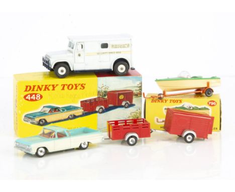 Dinky Toys 448 Chevrolet Pick-Up &amp; Trailers, turquoise and ivory body, red interior, red open and box trailers, spun hubs