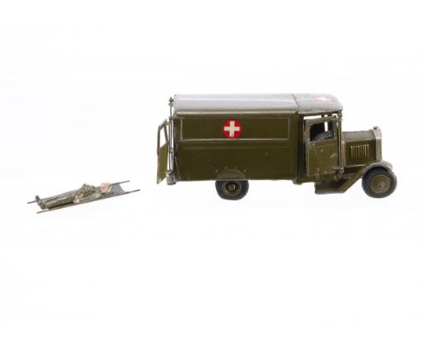 Britains just pre WW2 version square-nosed Army Ambulance, complete with patient, stretcher and driver, passenger door slight