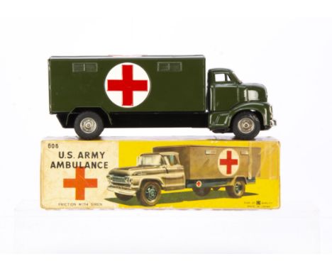 A Bandai (Japan) U.S Army Ambulance No.606, tinplate friction drive model, military green body, aerial, large red cross insig