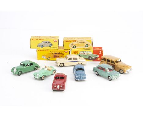 Dinky Toy Cars, 344 Plymouth Estate Car, brown body, dark brown panels, cream hubs, 181 Volkswagen, greyish blue body, spun h