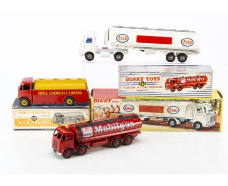 Dinky Toy Petrol Tankers, 941 Foden 14-Ton "Mobilgas" Tanker, 945 AEC "Esso" Fuel Tanker, 591 AEC "Shell" Tanker, in original