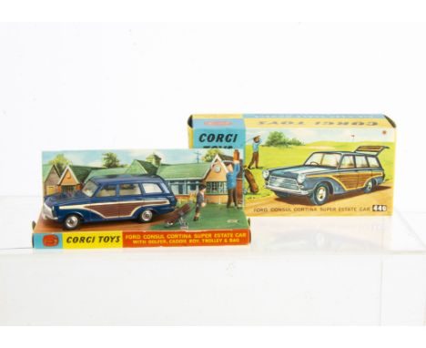 A Corgi Toys 440 Ford Consul Cortina Super Estate, metallic dark blue body, cream interior, brown side panels, with golfer, c