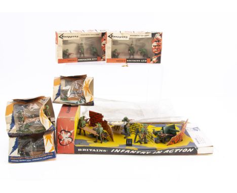 A selection of Britains / Herald boxed plastic Eyes Right British Infantry sets comprising large Infantry in Action set No. 7