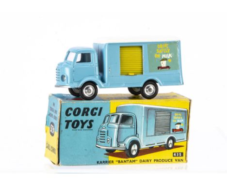 A Corgi Toys 435 Karrier Bantam Dairy Produce Van, light blue body, white roof, yellow shutter, 'Drive Safely On Milk' decals