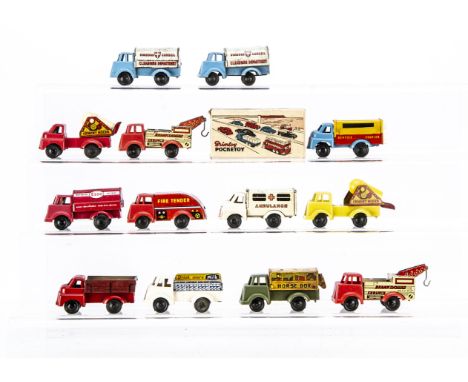 Well Brimtoy Pocketoys tinplate and plastic Gyro push and go Commercial Vehicles, including 536 Snack Bar Truck, in original 