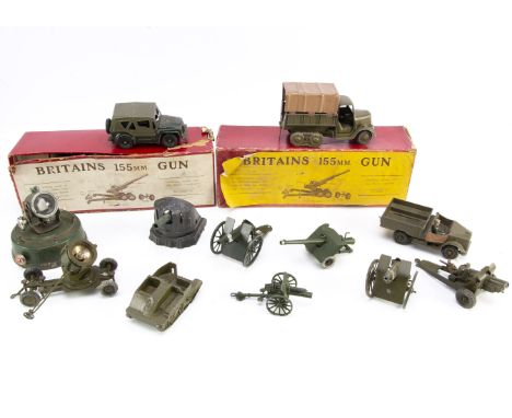 A selection of boxed and unboxed Britains military vehicles and guns comprising boxed 155 mm guns (2), only 1 spade, 1 travel