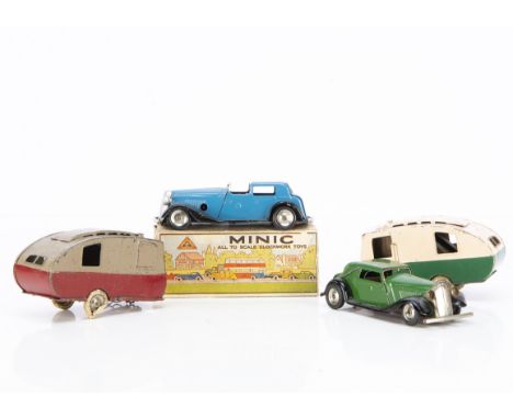 Tri-ang Minic  post-war Tinplate clockwork Saloon Cars and pre-war Caravans, restored 18M blue and black Vauxhall Town Coupe,