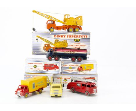 Dinky Supertoys, 942 Foden 14-Ton "Regent" Tanker, 923 Big Bedford "Heinz" Van, 955 Fire Engine, 966 Marrel Multi Bucket Unit