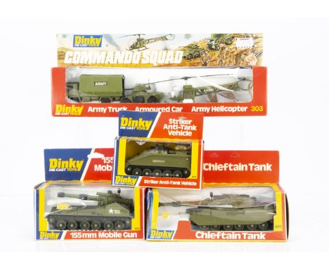 1970s Dinky Toy Military Vehicles, 683 Chieftain Tank, 654 155mm Mobile Gun, 691 Striker Anti-Tank Vehicle, 303 Commando Squa