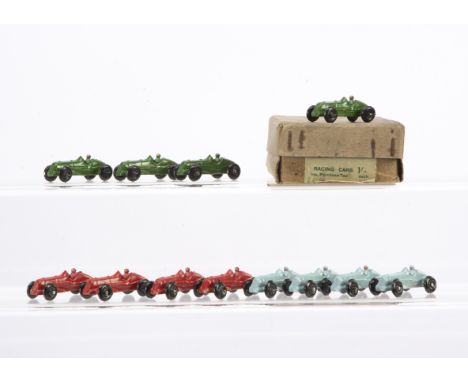 A Trade Box Of Twelve Midget Racing Cars, lead slush cast copies of the Dinky Toy 35b Midget Racer, in three colours, green, 