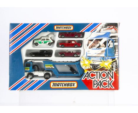 A Matchbox Superfast G-1 Car Transporter Action Pack Gift Set, comprising 67C Datsun 260Z 2+2, 21C Renault 5TL, 39C Rolls-Roy