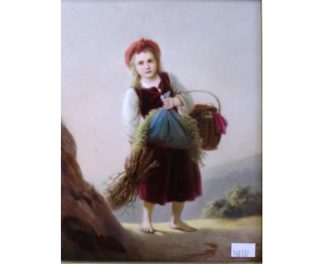 Gilt framed KPM porcelain plaque figure of Young Girl Collecting Kindling, inscribed K mark verso and # 816, (22cm X 17cm app