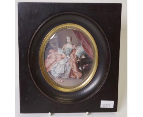 Good hand painted framed portrait miniature portrait of a Seated Woman in Formal Dress, in ebonised frame with inset brass bo