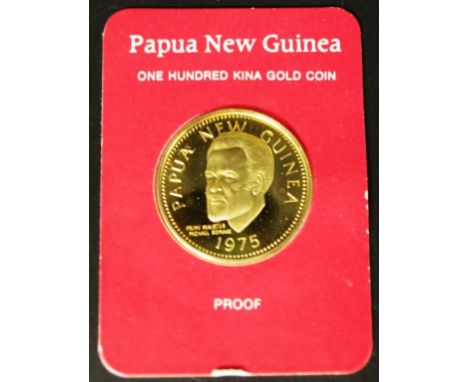 Papua New Guinea 100 kina gold coin 1975 from Franklin Mint in velvet box with certificate.