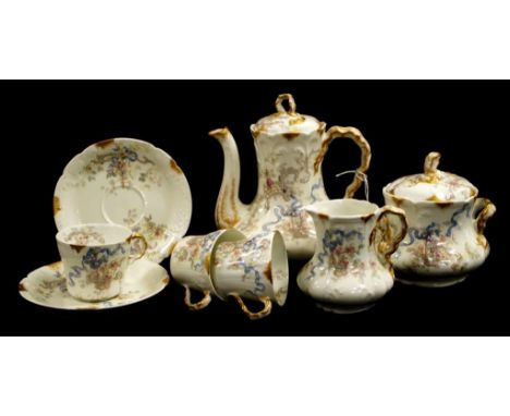 Antique Limoges "W Guerin &amp; Co." part coffee set to include coffee pot, milk &amp; sugar, three cups and two saucers
