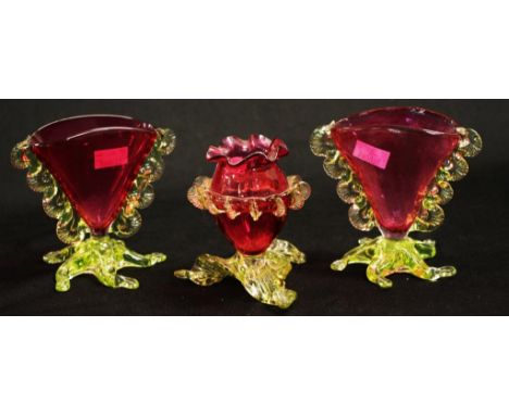 Pair Victorian ruby &amp; vaseline glass posy vases each with clear glass base, (height 9cm approx); together with a similar 