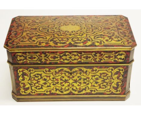 Rare French Boulle inlaid tea caddy with faux tortoiseshell finish inlaid with brass. Baccarat crystal bowl and original fitt