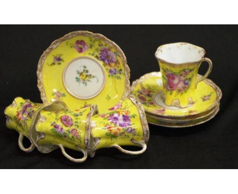 Vintage eight piece Dresden coffee set 4 each cups and saucers, floral decorated on yellow ground, marked 'Versailles' to bas