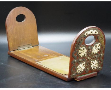 Vintage sliding timber book rack with ornate brass &amp; ivory decoration, 36cm long when closed approx., This item cannot be