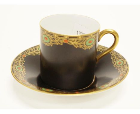 Royal Worcester coffee cup &amp; saucer floral decorated on black ground, marked to base and # 1045, circa 1920.
