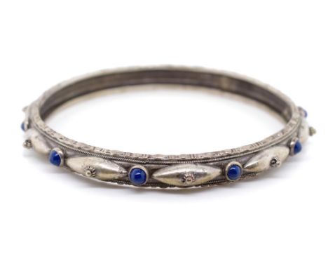 Early 20th C. continental silver bangle set with lapis beads. Marked 800. Approx inside width 62mm , 18 grams weight