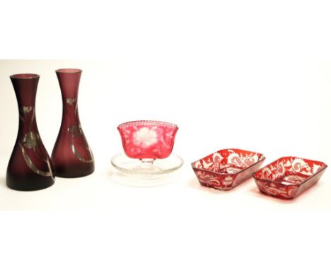 Pair vintage hand made ruby glass dishes each with etched decoration, (small rim chips to 1), (length 11cm approx, each); tog