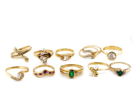 Eleven 9ct gold and gemstone rings includes, ruby, diamond, emerald and pearl set examples. Approx 26.86 grams