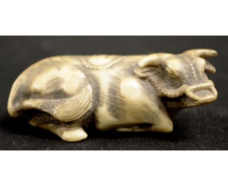 Good antique Japanese carved antler netsuke in the form of a lying buffalo. 7cm wide