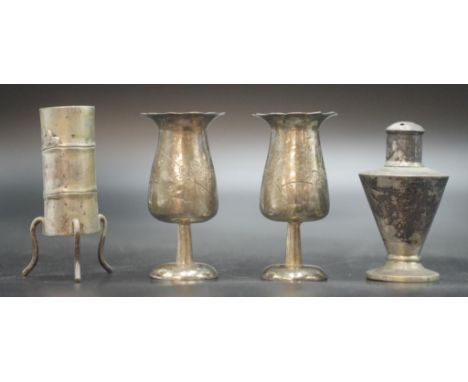 Three Chinese silver vases and a pepperette comprising of 3 miniature vases (6cm approx) and a pepperette, 70 grams