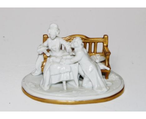 Vintage Sitzendorf porcelai Courting Couple figure seated figures on gilt settee, marked to base (height 6cm, width 9cm appro