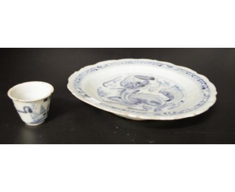 Two vintage pieces Chinese Ming tableware including serving plate, (diameter 20cm approx); and a wine cup; each with blue and