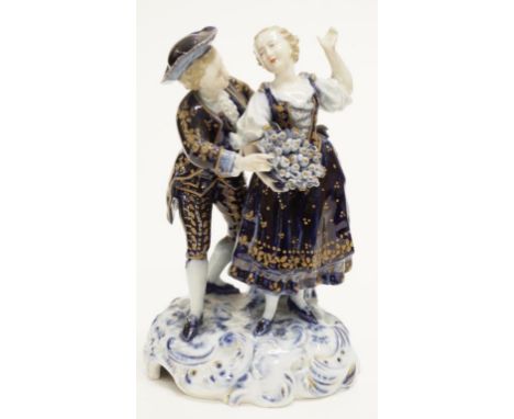 Vintage Sitzendorf ceramic figure Standing Couple, gilt cobalt blue decoration, marked to base, (height 18cm approx).