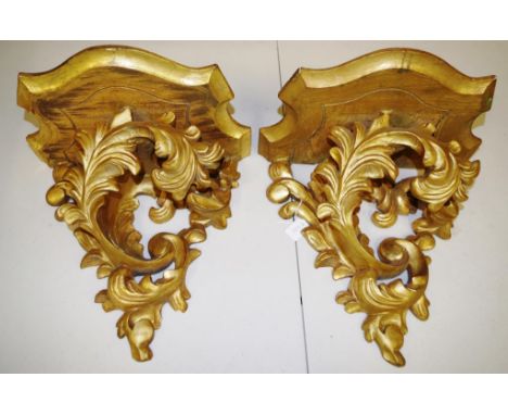 Pair vintage gilded carved wood sconces (height 30cm approx, each).
