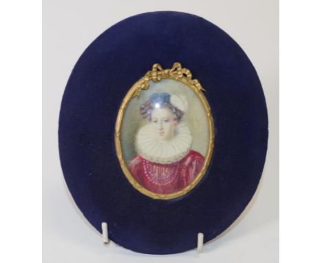 Vintage brass framed portrait miniature Portrait of Woman wearing a Ruffled Collar, in decorative brass frame, inset to velve