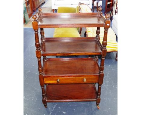 Vintage four level dumbwaiter full length drawer to third level, turned wood decoration, on ceramic castor wheels, (height 11