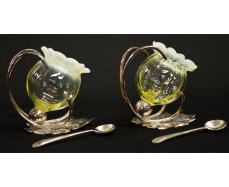 Vintage cased set vaseline glass open salts each of blossom form, in fitted silver plate bases, with pair matching silver pla