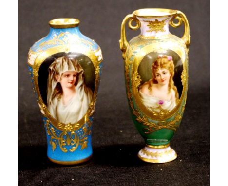 Two good Dresden hand painted Portrait vases including gilt decorated on blue ground, with cartouche Portrait of a Woman, mar