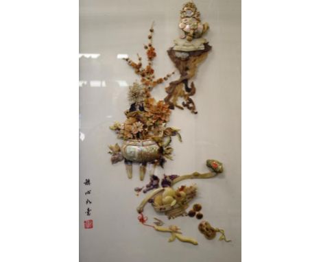 Vintage framed Chinese shell tableau carved shell tableau depicting temple dog in floral decorated scene, (small losses), sig