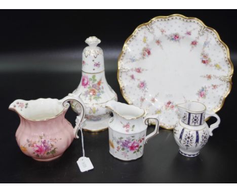 Three vintage Royal Crown Derby ceramic pieces including floral decorated display plate, gilt border, (diameter 22cm approx);